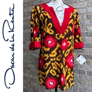 Oscar de la Renta Red and Yellow Floral Blouse